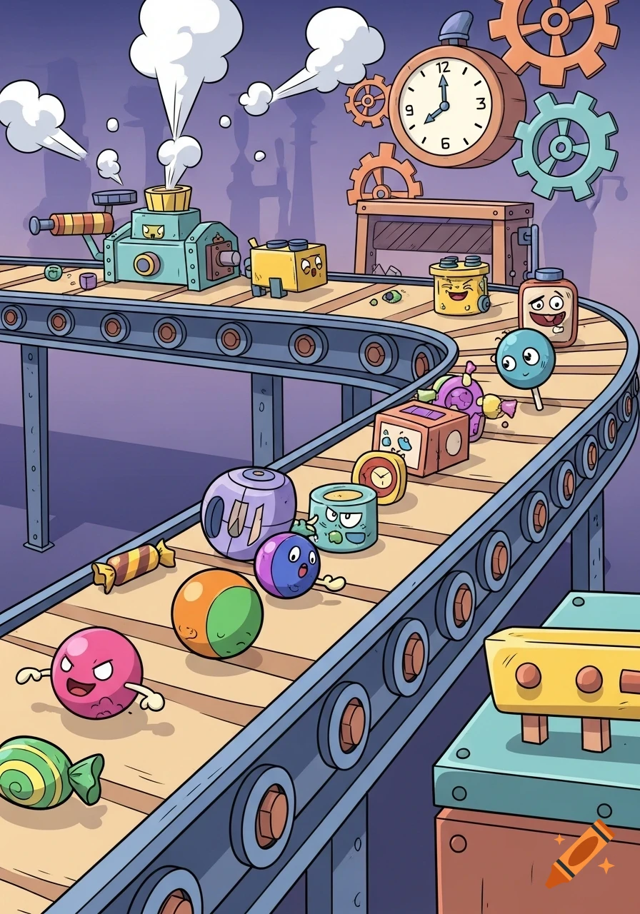 A vibrant 2D cartoon illustration shows a factory conveyor belt moving whimsical characters and candy past a machine and a large clock.