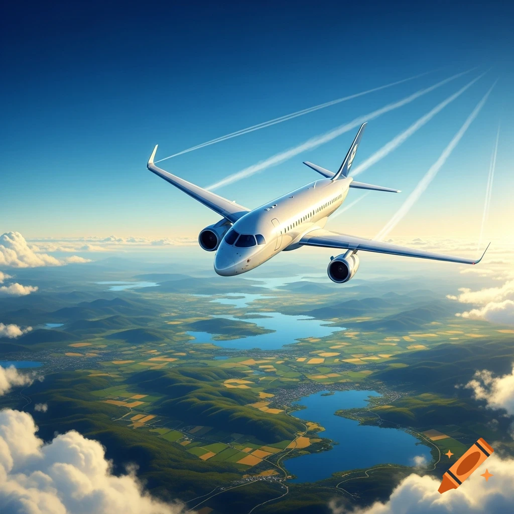 A silver passenger airplane flies above a green and blue landscape with lakes and fields, leaving contrails in a bright blue sky.