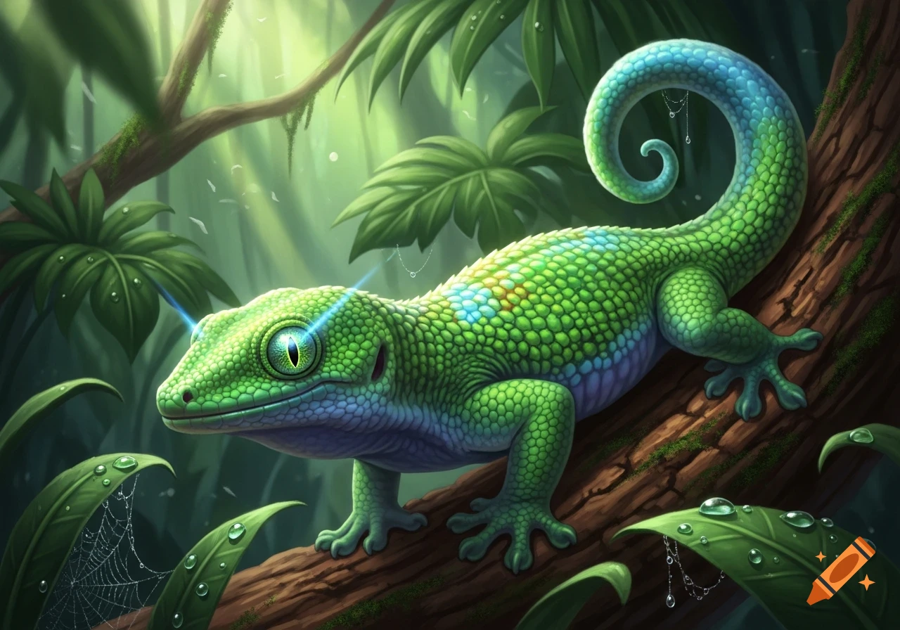 A vibrant green and blue gecko with large eyes rests on a tree branch in a lush jungle, digital illustration.