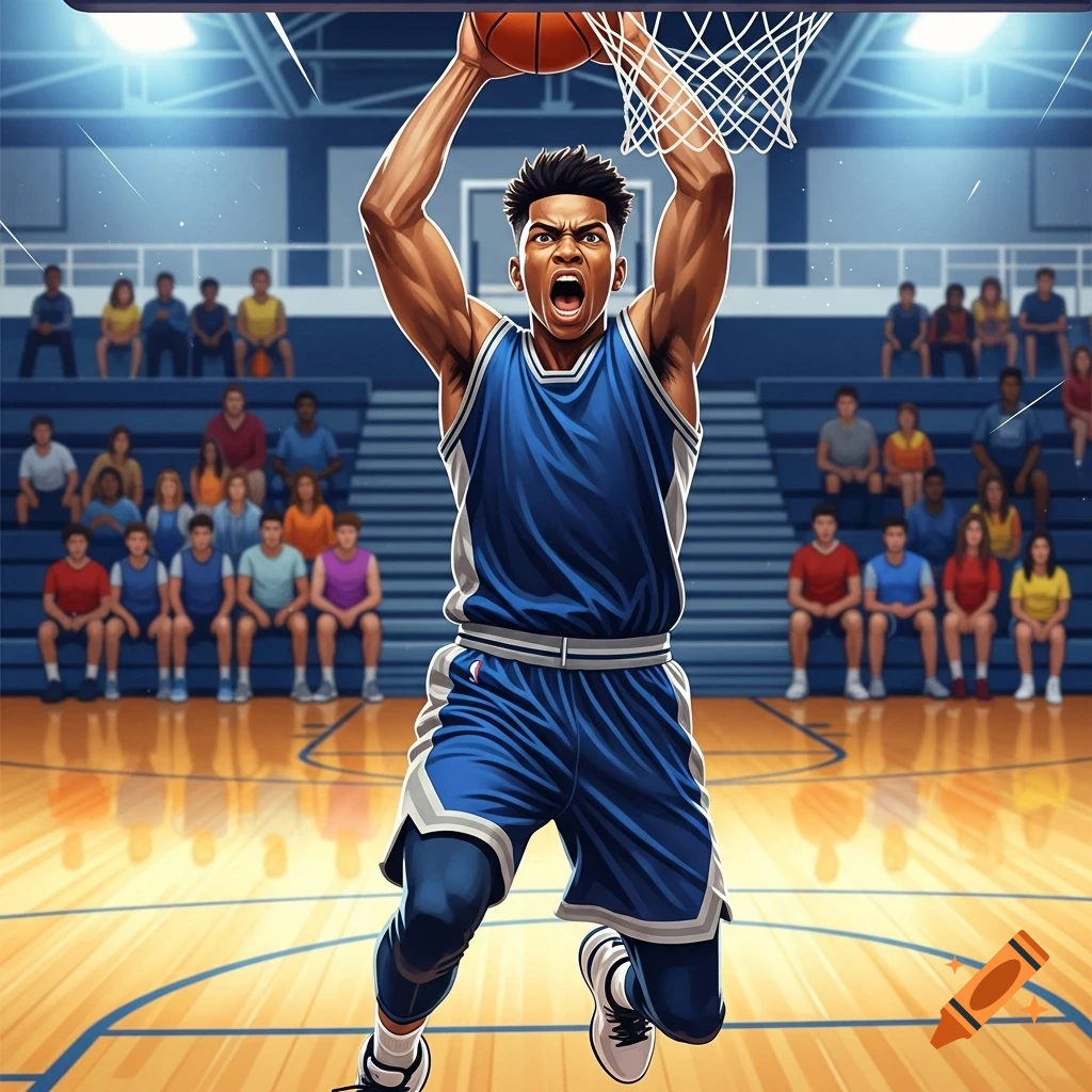 A young male basketball player in a blue uniform aggressively dunks a basketball in an indoor arena with spectators. Stylized illustration.