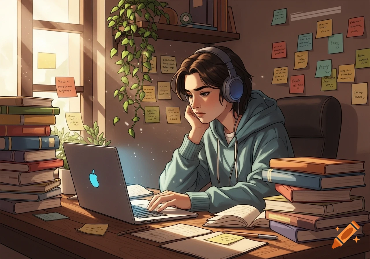 Anime-style student with headphones looking at a laptop, surrounded by books and sticky notes in a sunlit room.