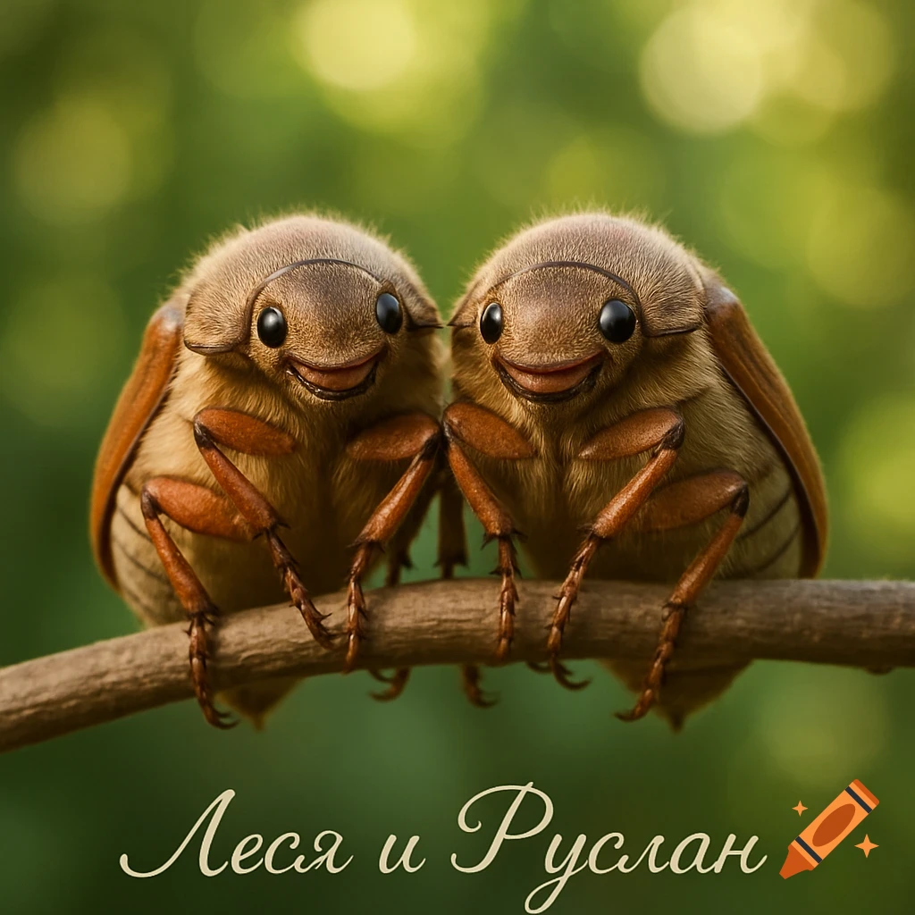 Two fluffy, smiling may beetles perch on a twig, a hyperrealistic macro photograph. Text reads 'Леся и Руслан'.