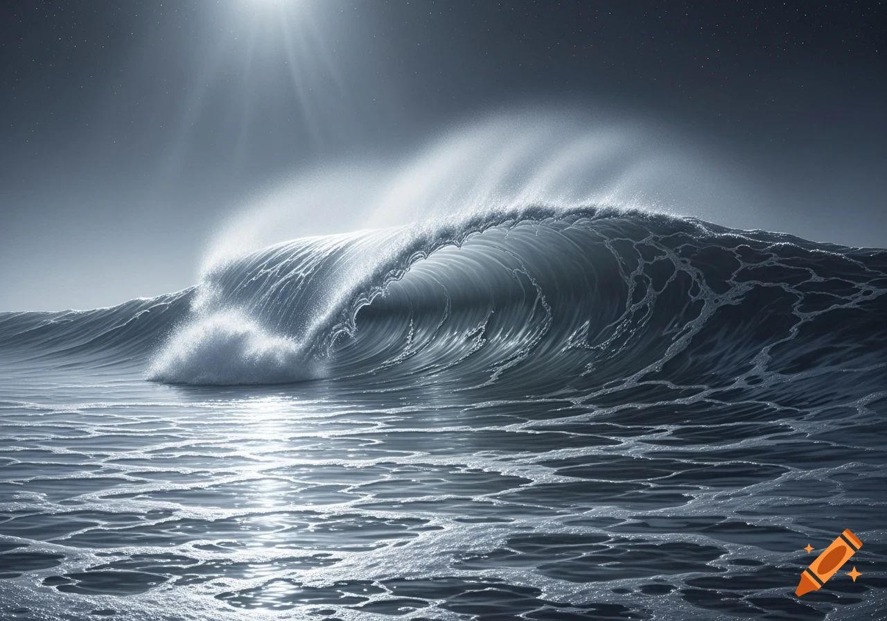 A powerful silver-toned ocean wave crests under a bright light, with frothy water reflecting on the surface.