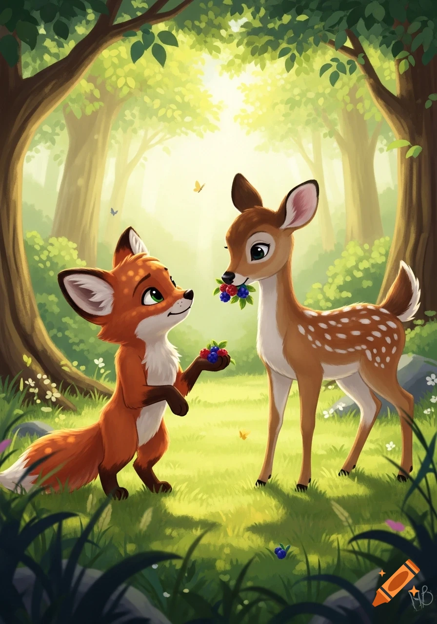 A cartoon fox offers berries to a deer in a sunny, lush forest, in a children's book illustration style.