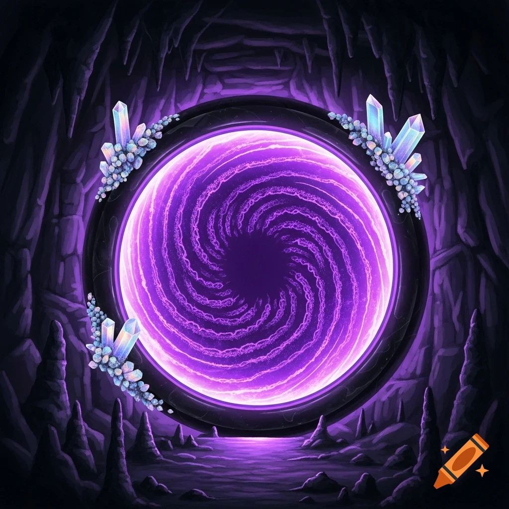 A vibrant purple swirling portal in a dark, crystal-filled cave with jagged rock formations.