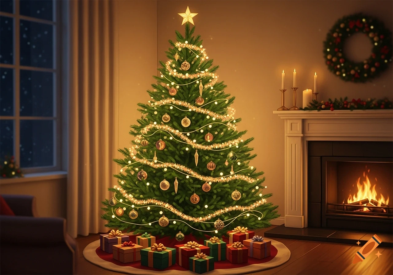 A decorated Christmas tree with gifts by a warm fireplace and a snowy window, lit by a golden star.