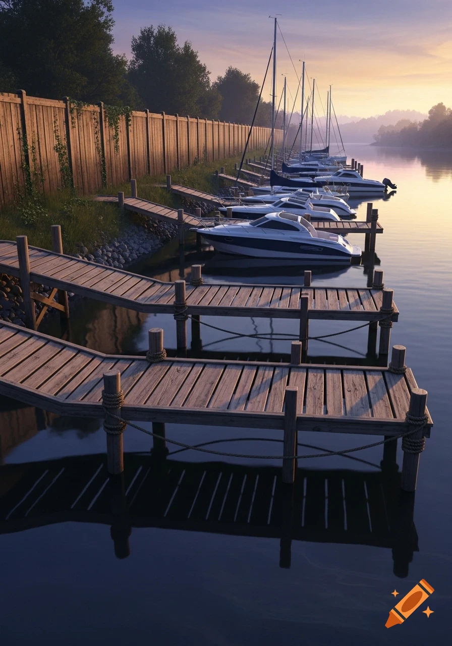 A serene marina at sunrise or sunset, featuring numerous white boats and sailboats docked along wooden piers, with a long wooden fence separating the water from a grassy bank and trees.
