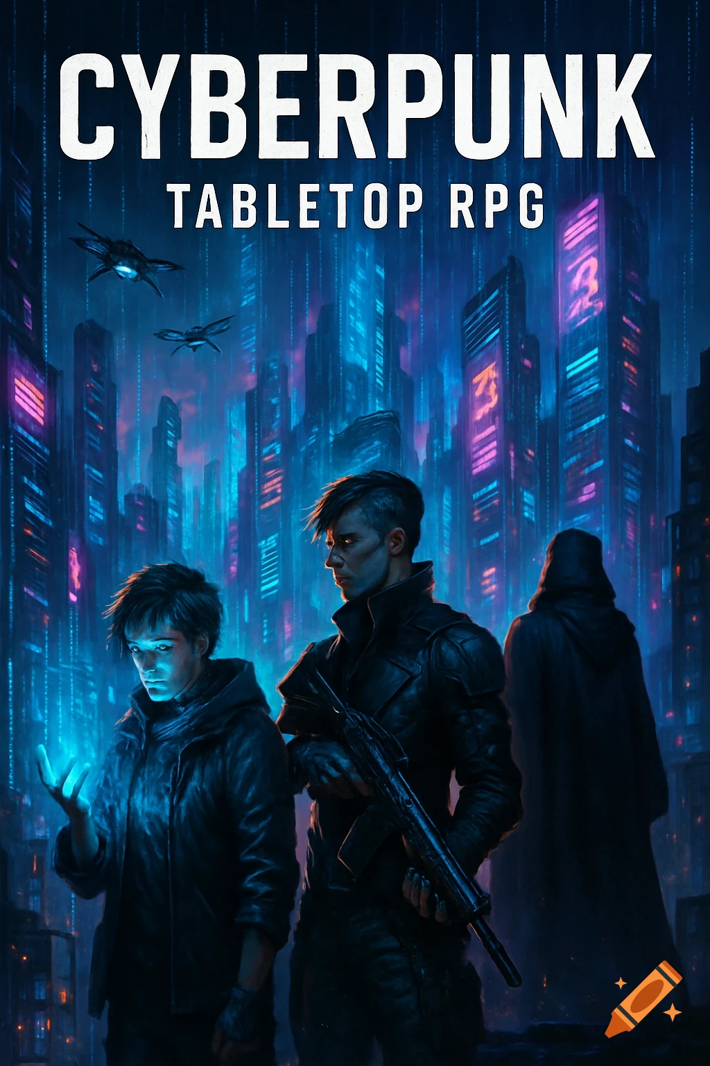 A cyberpunk rulebook cover featuring three figures in a neon-lit futuristic city, with the title 'CYBERPUNK TABLETOP RPG' at the top.