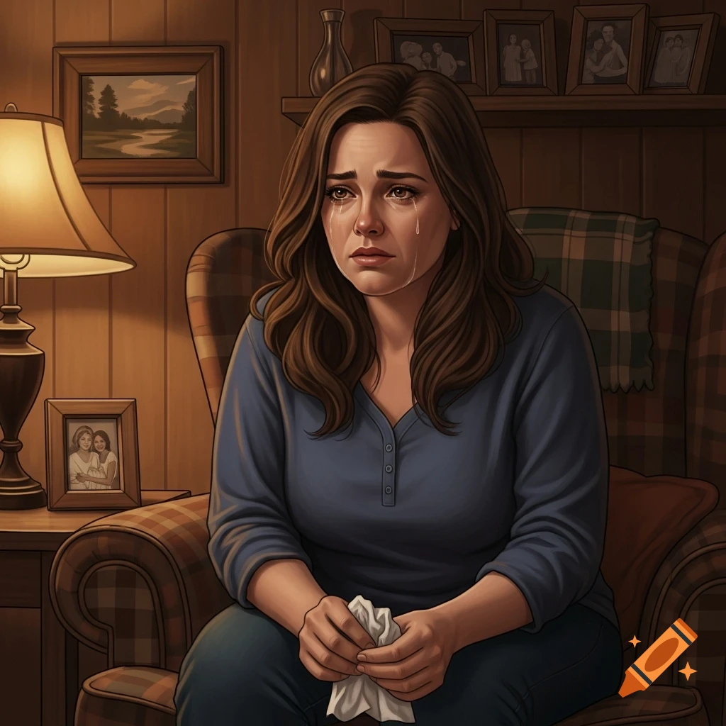 A crying woman with long brown hair sits in an armchair, holding a tissue, in a dimly lit room with framed photos.