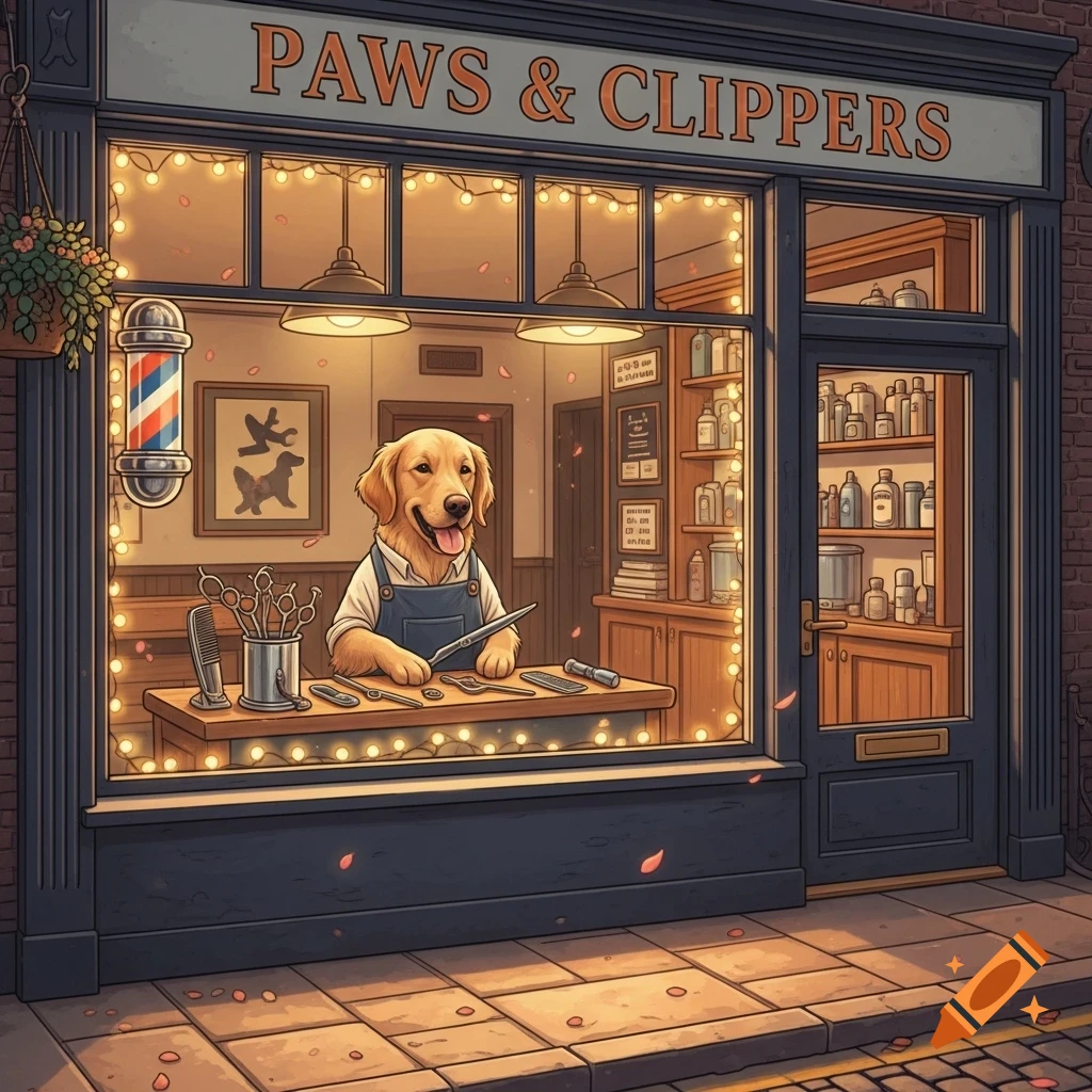Cartoon golden retriever barber in an apron inside 'Paws & Clippers' salon, with grooming tools and warm lighting, seen from outside.