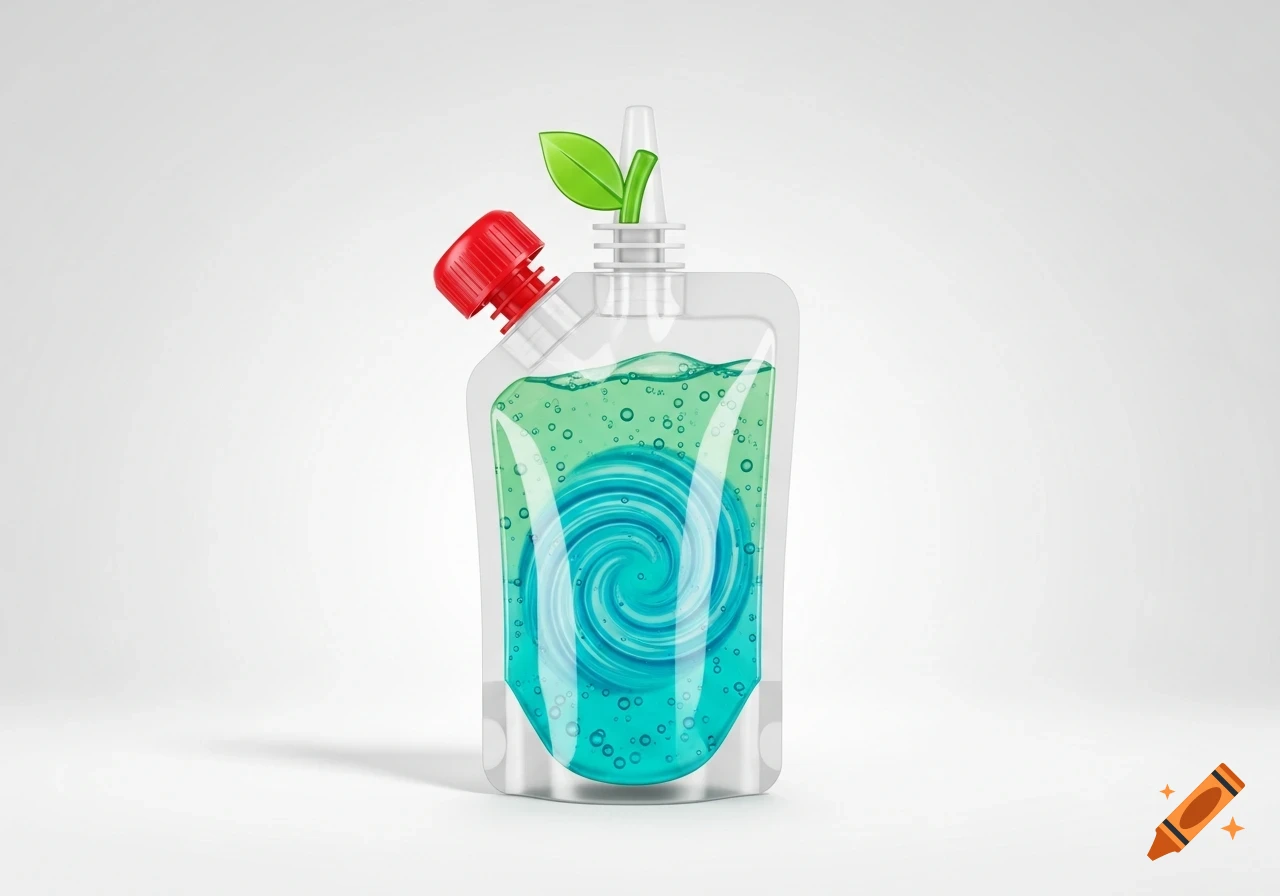 A clear plastic pouch with a red cap and a green leaf, filled with swirling blue and green liquid.