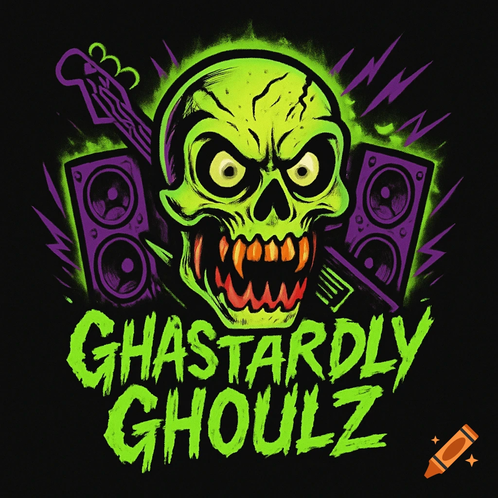 A stylized neon green skull logo with sharp teeth, glowing eyes, a bass guitar, and speakers, featuring the text "GHASTARDLY GHOULZ".