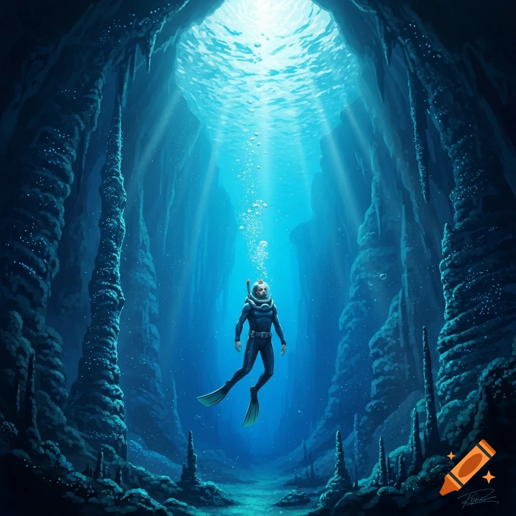 A man in a wetsuit and diving gear ascends through a deep, luminous underwater cave, with light rays piercing the water.