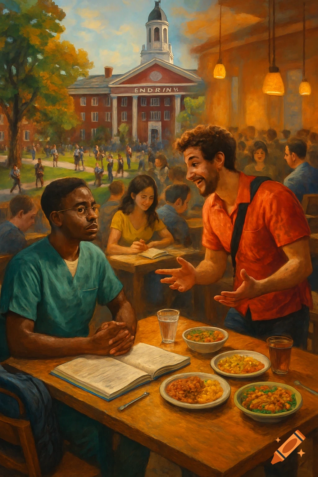 Two male students converse at a wooden table in a university cafeteria, with a large campus building visible outside, in a painterly style.