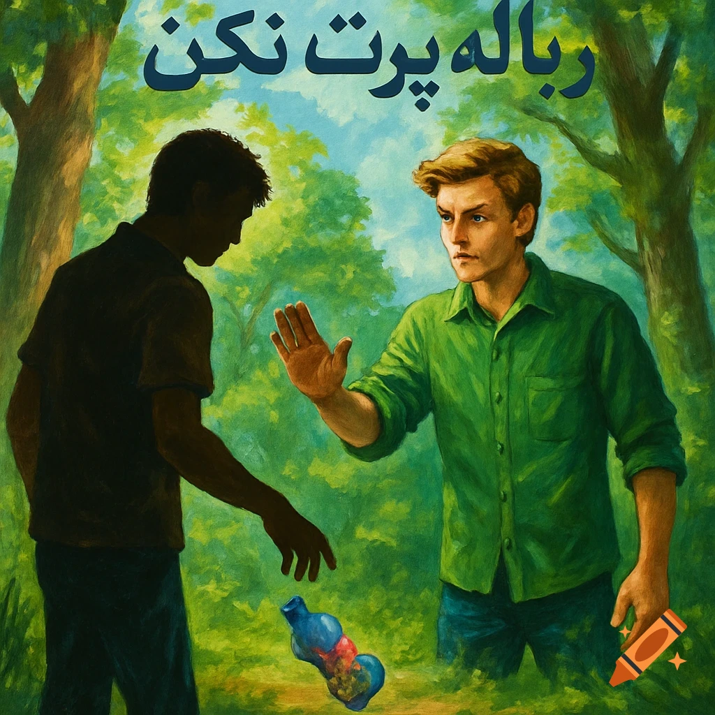 An illustration of one man in a green shirt stopping another man from littering a bottle in a forest, with text overhead.
