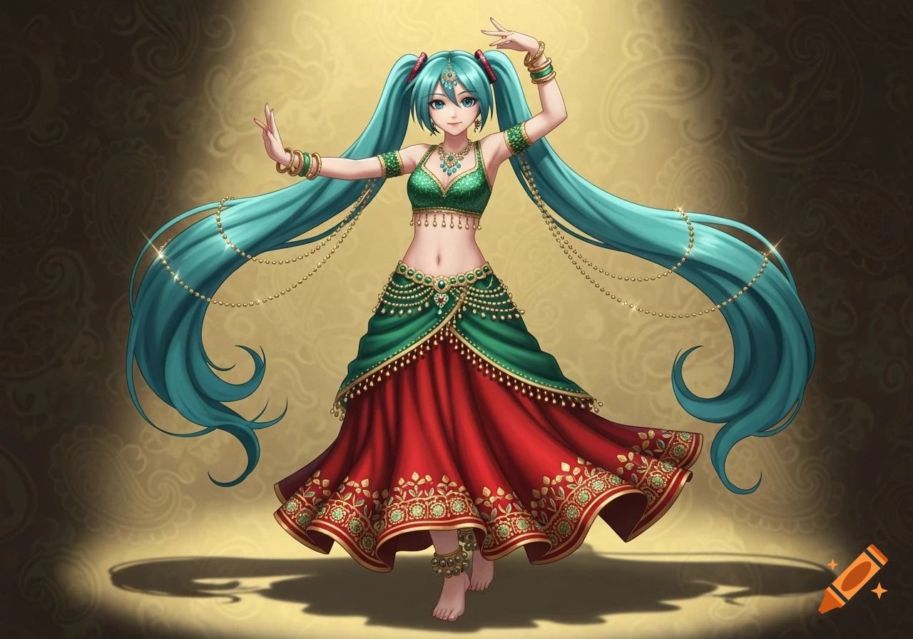 Hatsune Miku in a vibrant green and red Indian belly dancer costume with gold jewelry, dancing against a patterned background.