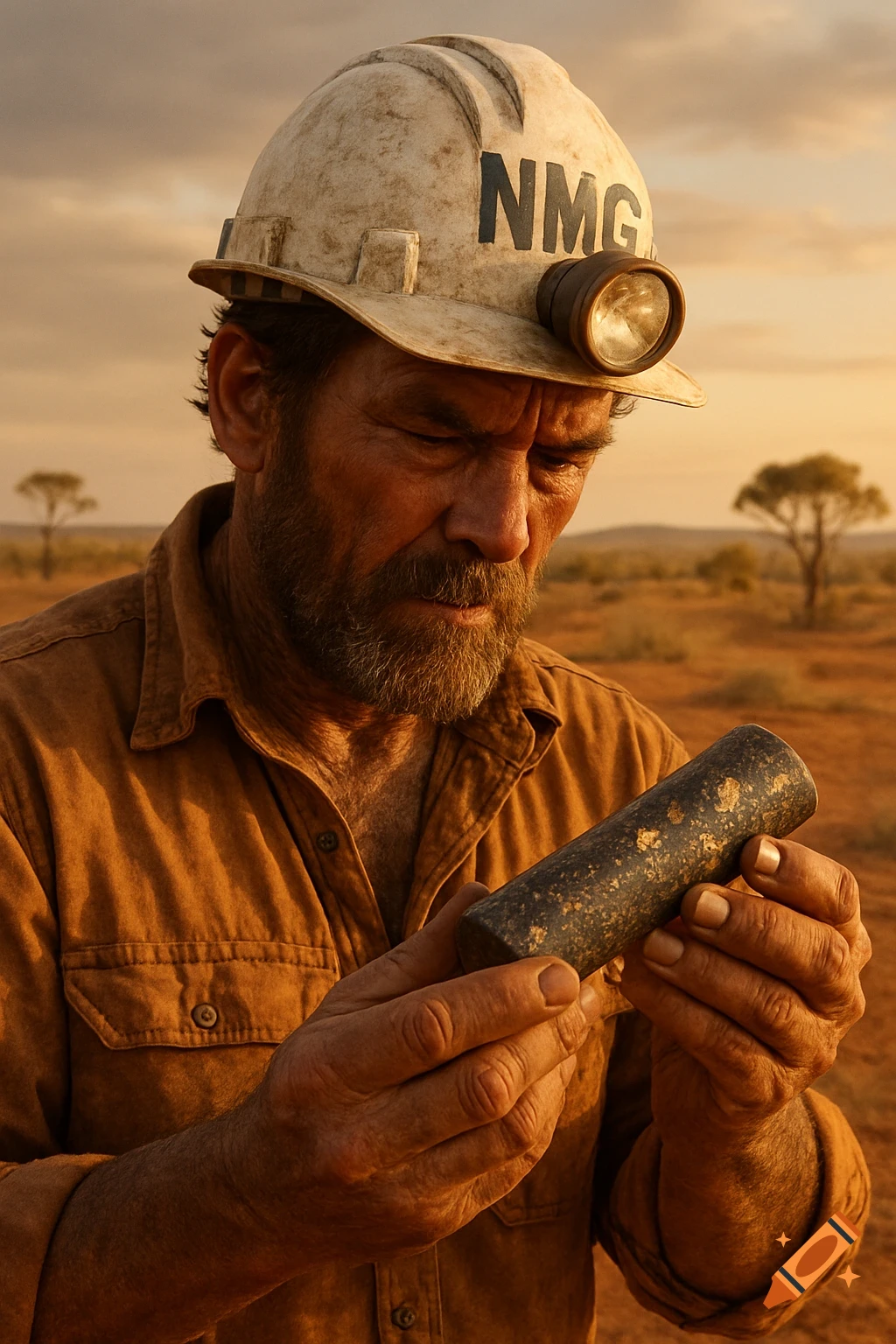 Photorealistic image of a bearded miner in the Australian outback at sunset, intently examining a gold-flecked core sample.