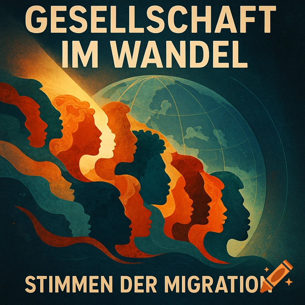 An illustration of diverse people's silhouettes in warm tones against a globe. Text: 'GESELLSCHAFT IM WANDEL', 'STIMMEN DER MIGRATION'.