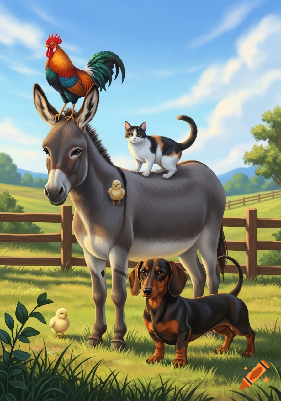 A colorful rooster, calico cat, and a chick are on a donkey's back, while a dachshund and another chick are on grassy ground in a cartoon farm setting.