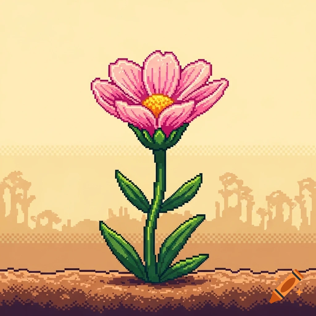 A vibrant pink pixel art flower with green leaves and stem grows from brown soil.