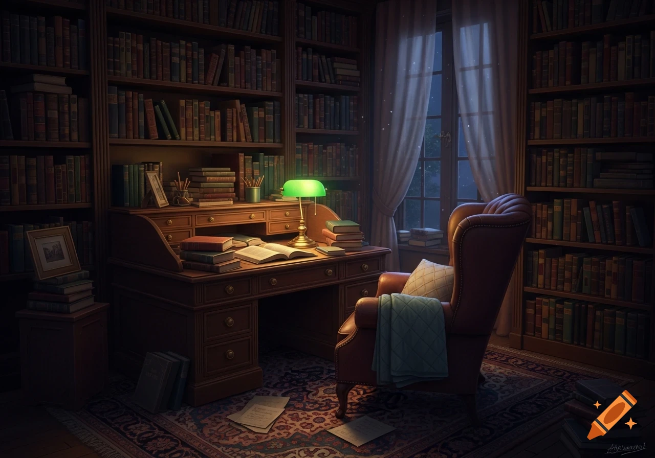 A dimly lit study room features a wooden desk with a green lamp, an open book, and stacks of books. A leather armchair with a blanket sits by a window revealing a starry night, surrounded by bookshelves.