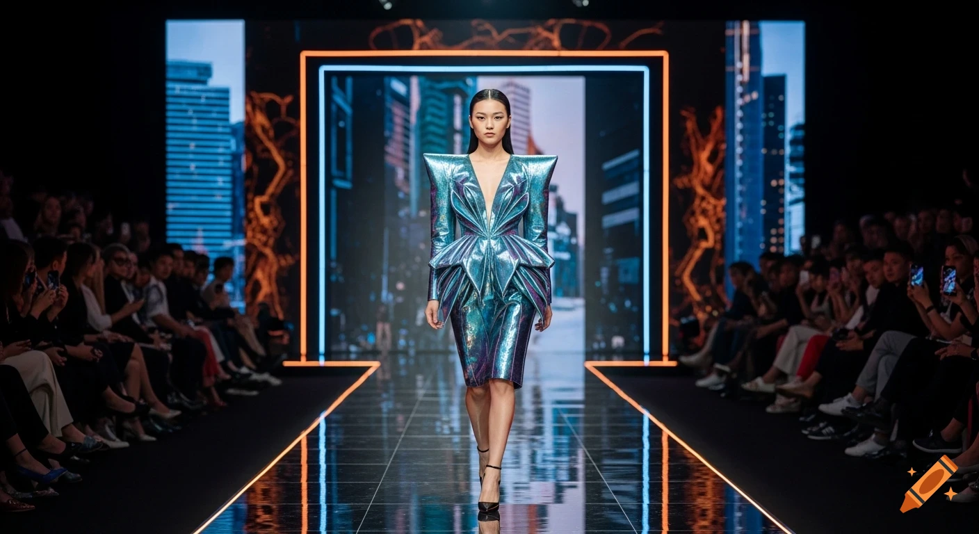 Hyper realistic East Asian runway model in a shimmering structured blue couture dress on a glossy catwalk with neon lights and a city background.