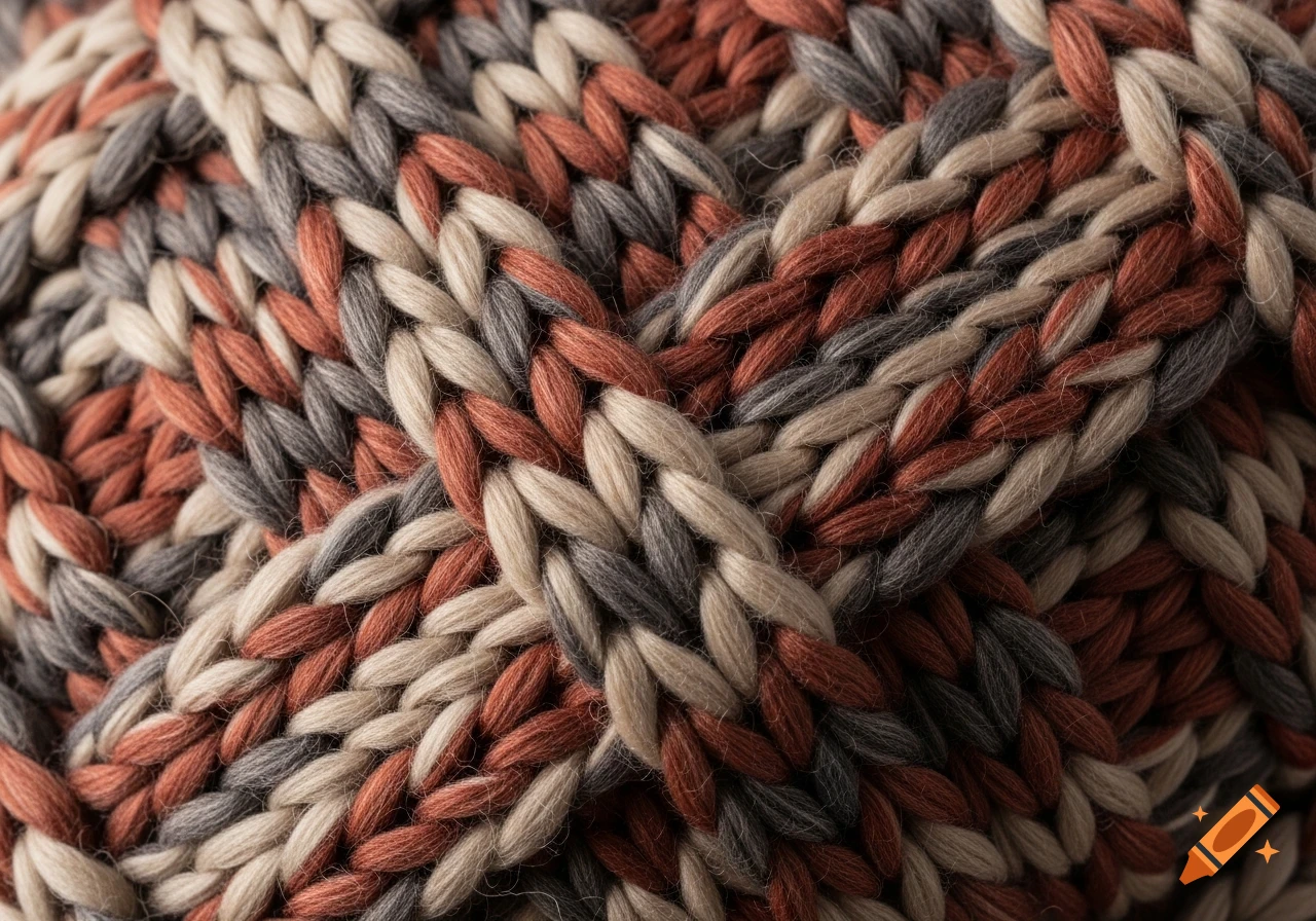 Close-up of a chunky braided knit fabric in varying shades of brown, grey, and beige.
