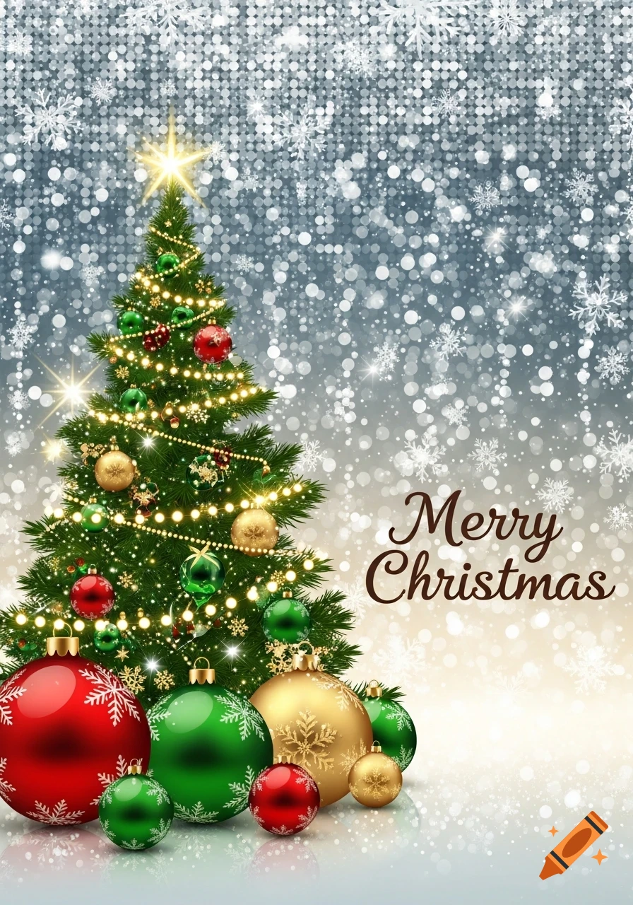 A festive Christmas tree with colorful ornaments and a star on top, surrounded by snow and glitter, with "Merry Christmas" text.