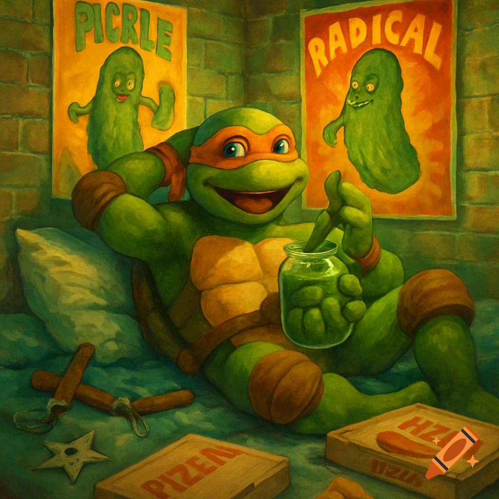 Michelangelo, the Ninja Turtle, relaxes in a brick-walled room, eating pickles from a jar, with pickle posters on the wall. Painted style.