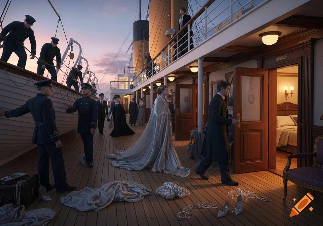 Photorealistic scene on a ship deck, possibly Titanic, with officers preparing lifeboats and elegantly dressed passengers amidst scattered belongings at dusk.