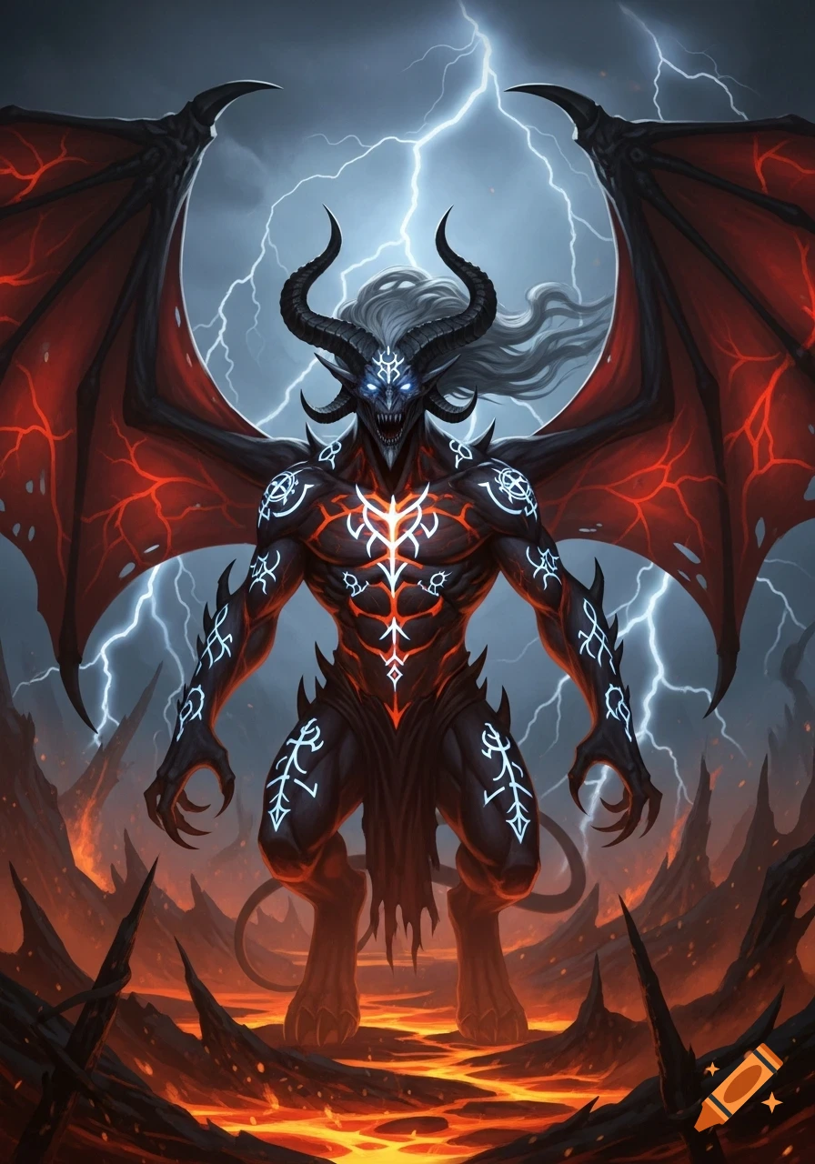A powerful horned demon with glowing eyes and symbols, large red and black wings, stands in a volcanic landscape under a stormy, lightning-filled sky.