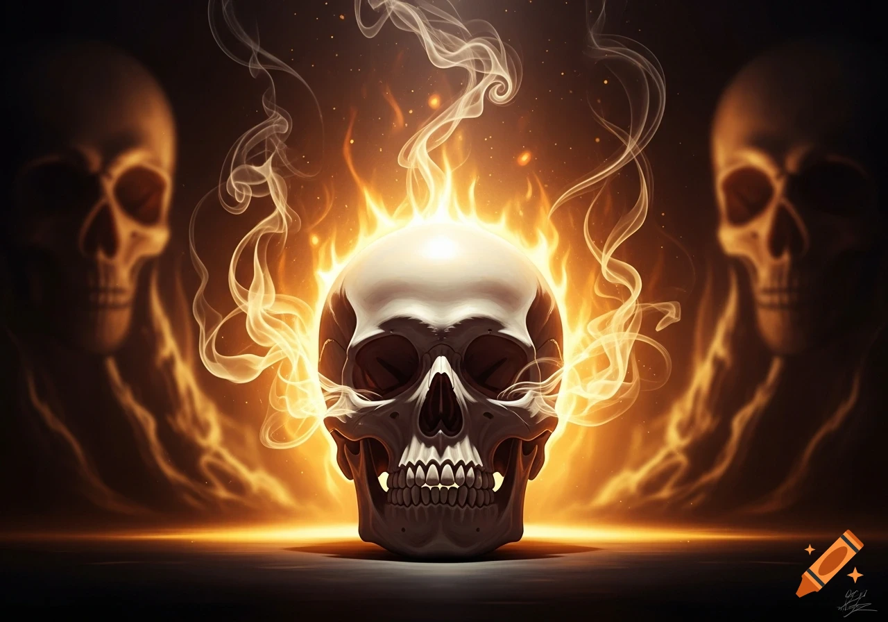 A stylized glowing skull surrounded by fire and smoke, with two blurred skulls in the dark background.