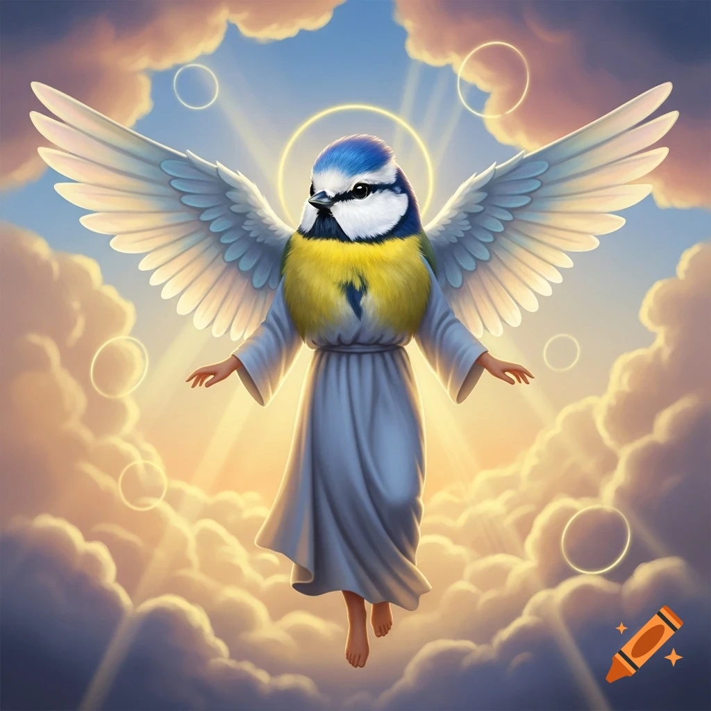 A blue and yellow titmouse-headed angel with white wings floats among golden sunlit clouds.