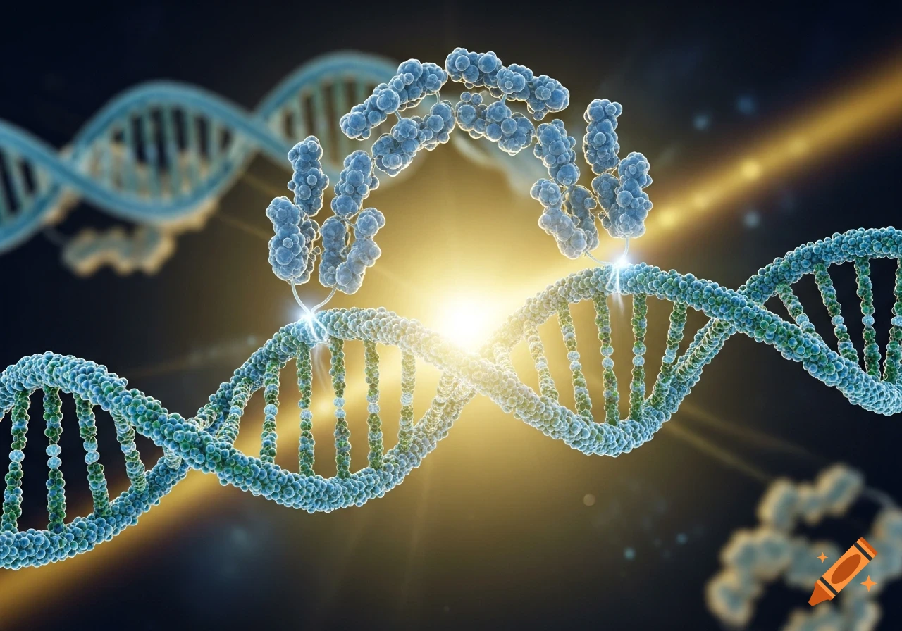 A 3D rendering of a double helix DNA strand connected to a blue antibody molecule, illuminated by golden light.