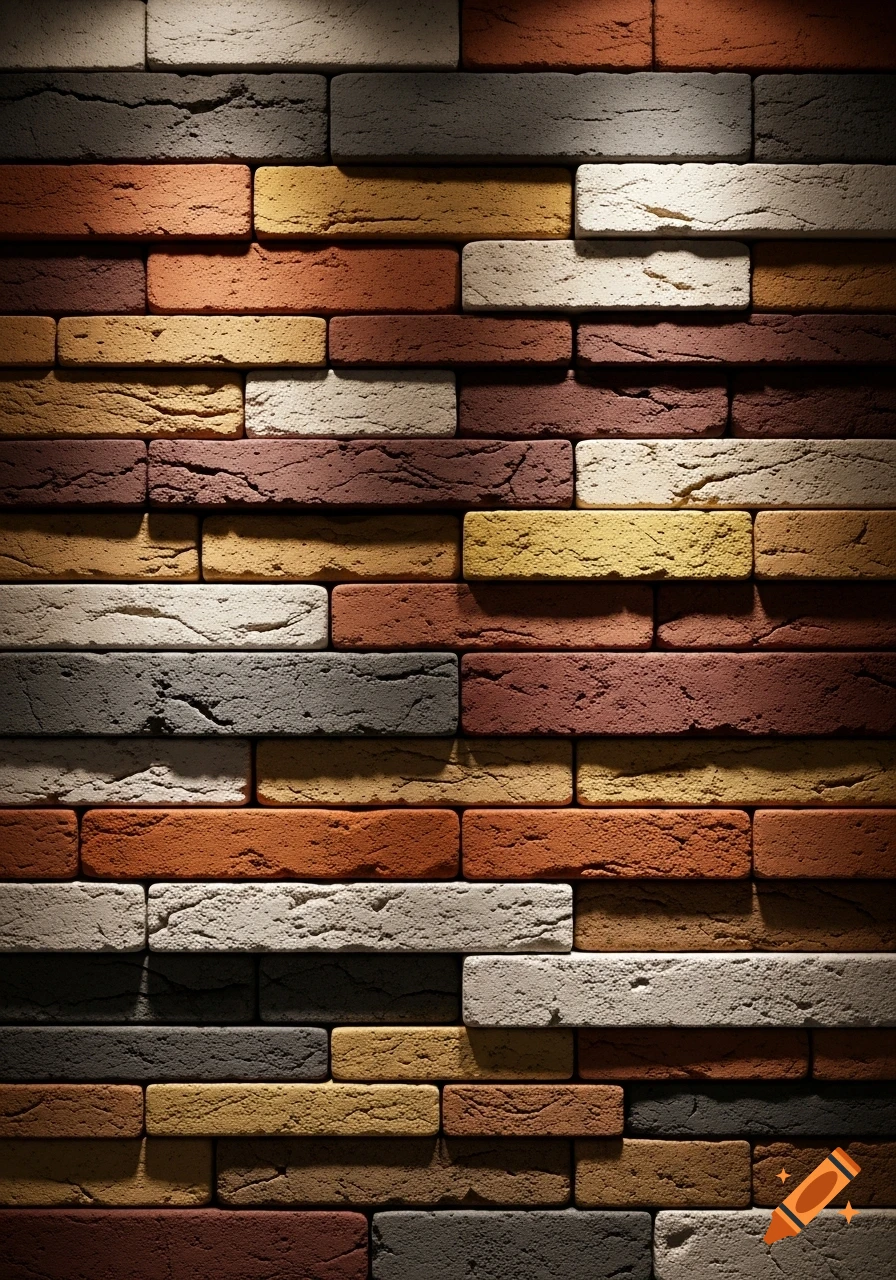 A close-up of a rustic, multicolored brick wall with varied textures and dramatic lighting, featuring shades of red, orange, yellow, gray, and white.