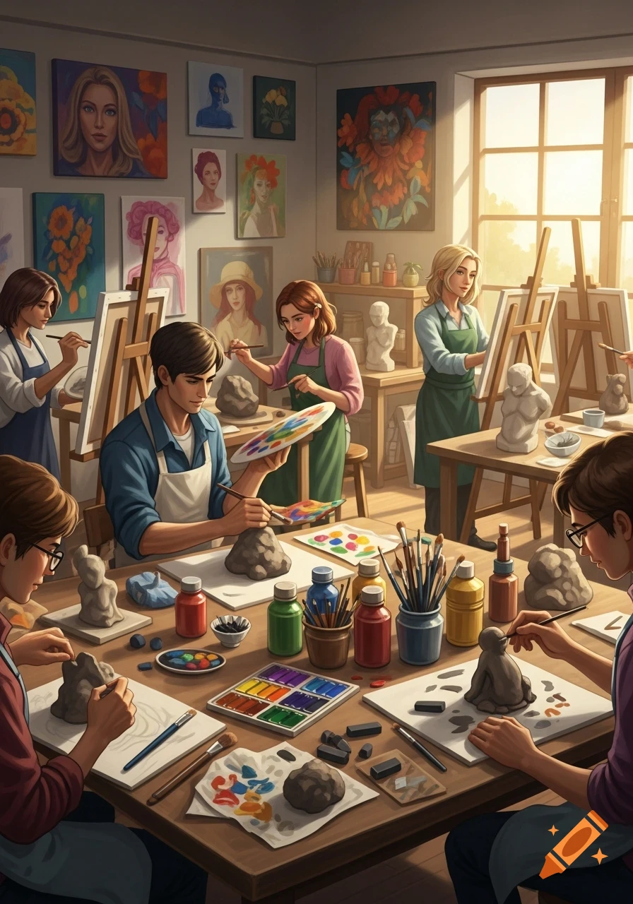 People painting and sculpting in a sunlit art studio filled with colorful artworks and supplies. Illustrated style.