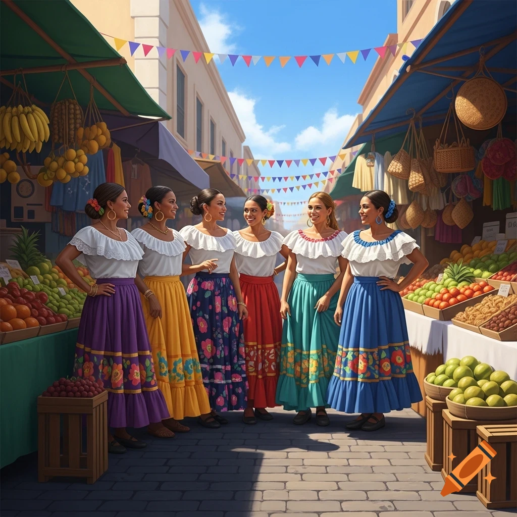 Six women in colorful traditional dresses stand smiling at a vibrant outdoor fruit market under festive banners.