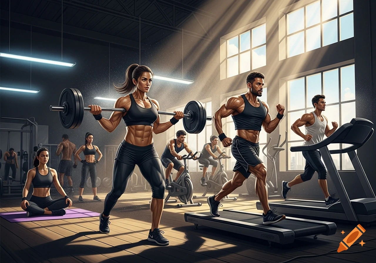 Muscular individuals exercise in a modern gym, including a woman lifting weights, men on treadmills and stationary bikes, and a woman meditating.