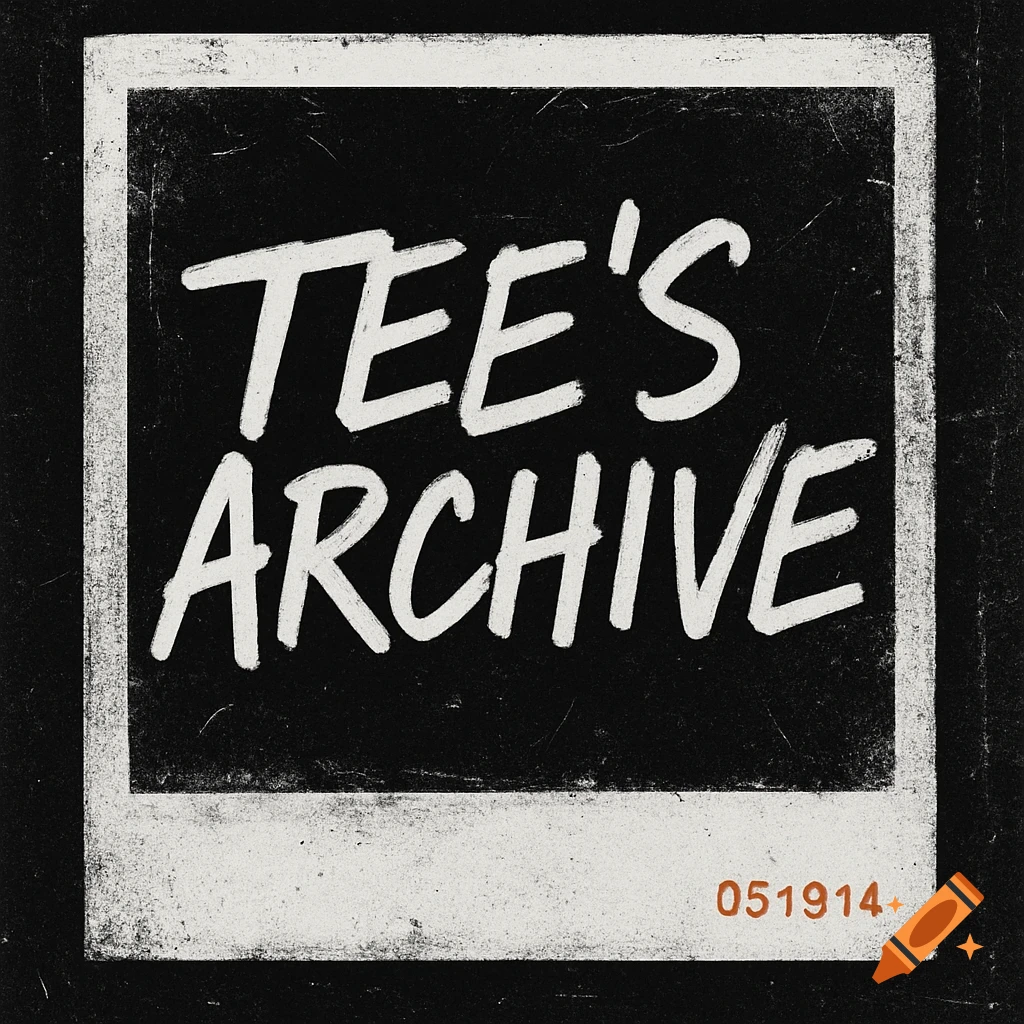 A distressed black and white polaroid frame with 'TEE'S ARCHIVE' in white handwritten script and '051914' in red.