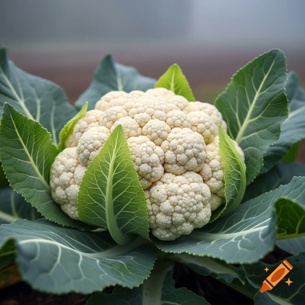 A close-up, top-down view of a white cauliflower head surrounded by large green leaves in a garden.