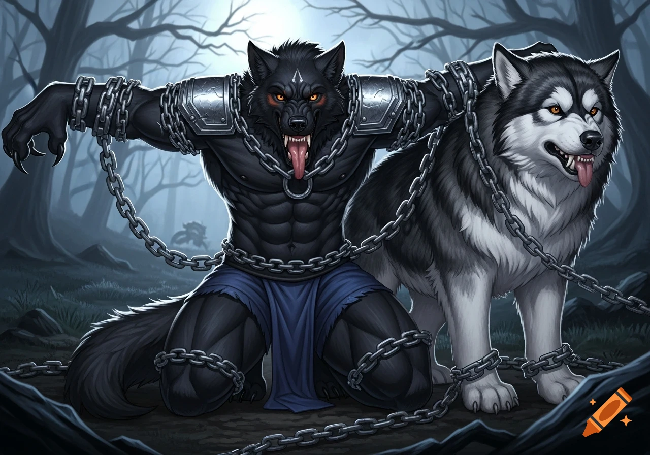 A dark furry art illustration of an angry black werewolf on its knees, t-posing and chained, next to a snarling malamute in a misty forest.