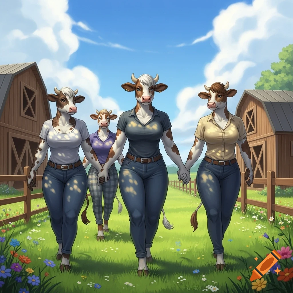Four anthro cow women, spotted brown and white, walk hand-in-hand on a grassy path between barns under a blue sky.