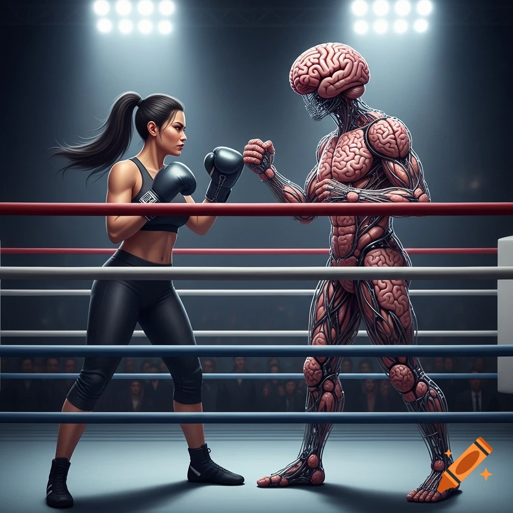 A female boxer in a dark sports bra and leggings faces a humanoid figure made of brain tissue inside a brightly lit boxing ring.