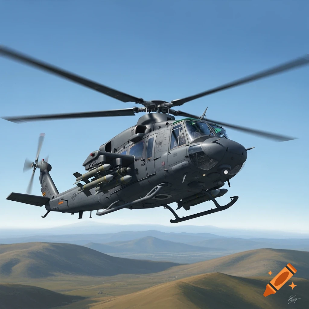 A detailed view of a dark gray military helicopter with missiles flying over rolling brown hills under a clear blue sky.
