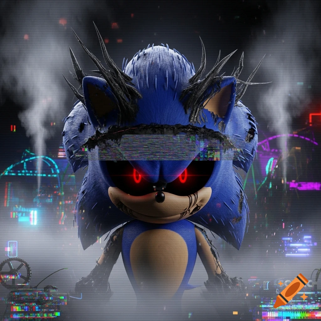 A dark, corrupted Sonic the Hedgehog with glowing red eyes, black spikes, and glitchy pixelation across his face and body, standing in a foggy, neon-lit cityscape.