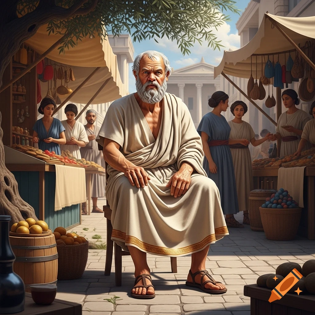 An old man with a white beard and toga sits on a chair in a bustling ancient Greek marketplace with vendors and customers.