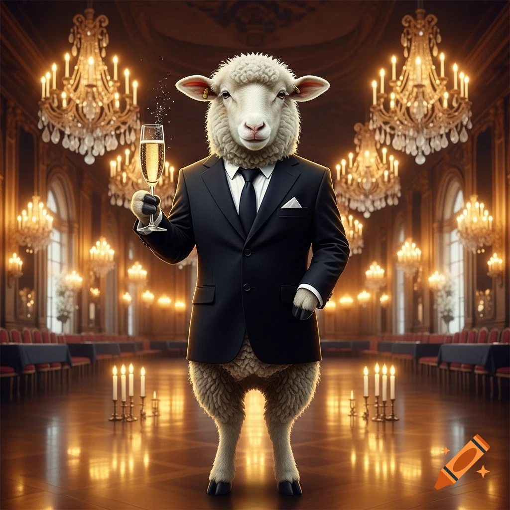 A photorealistic sheep in a black suit holds a champagne glass, standing in a grand ballroom filled with chandeliers.