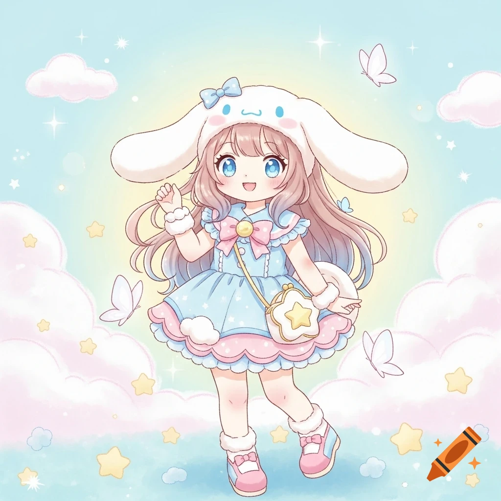 Cute anime girl wearing a Cinnamoroll hat, a frilly blue and pink dress, and a star bag, in a pastel sky with clouds and stars.