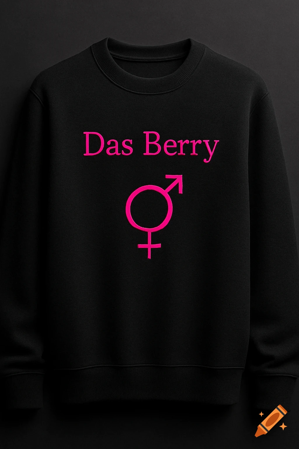 A black crewneck sweatshirt with 'Das Berry' and a pink combined male and female gender symbol on the front, photorealistic.