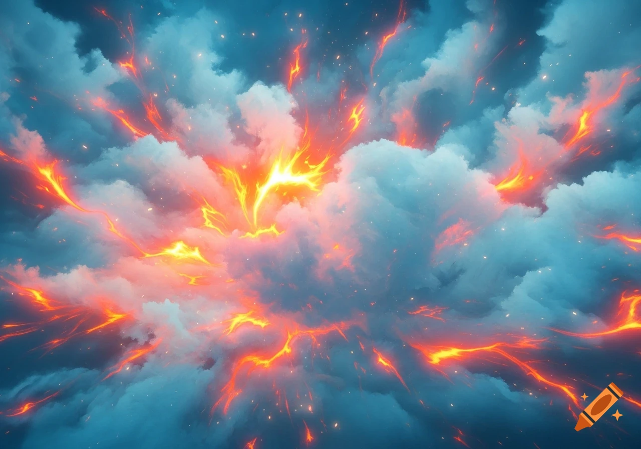 Vibrant abstract image of swirling blue clouds with bright orange and yellow fiery energy bursting through.